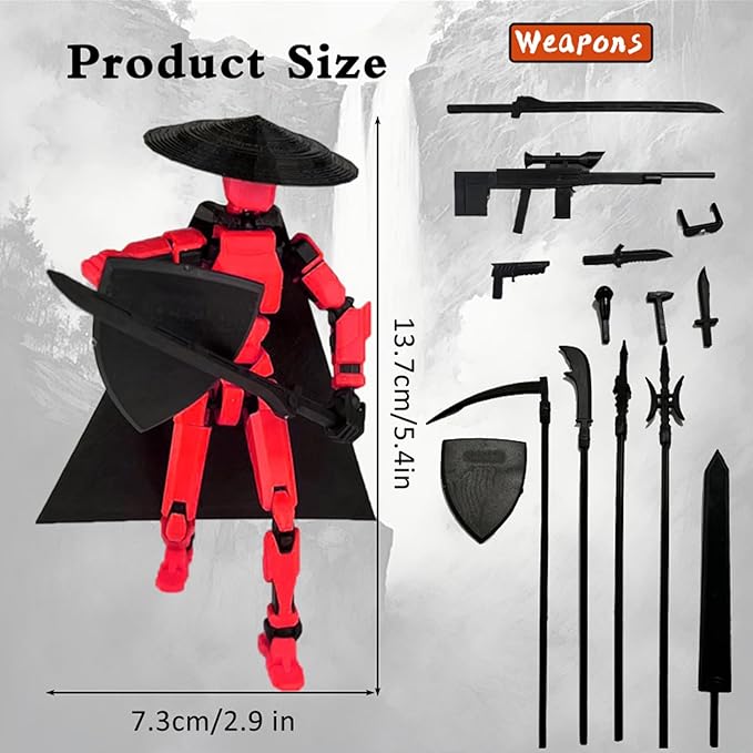 Already Assembled T13 Action Figure Accessories,Dummy 13 T13 Multi-Jointed Movable 3D Printed Toys (Red)