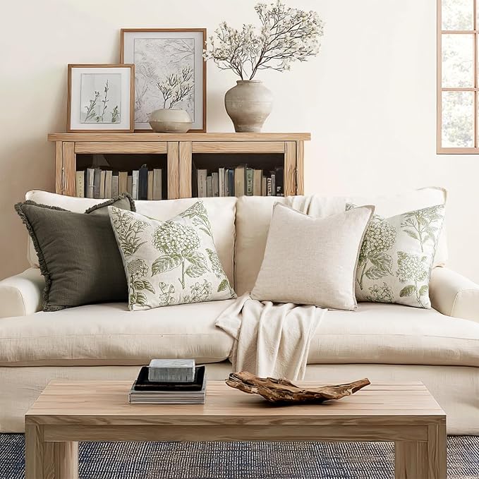 Set of 2 Decorative Floral Pillow Covers 22x22 Inch Light Green | Neutral Hydrangea Print, Boho Vintage Throw Cushion Covers, Cottagecore Home Decor, for Sofa Couch Porch Bedroom Living Room