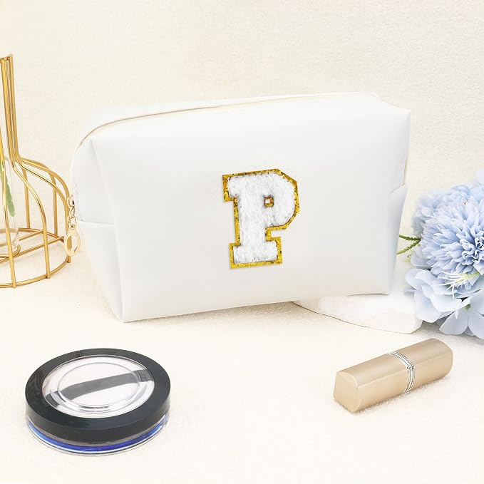 URSKYTOUS Gifts for Girls Initial Makeup Bag Personalized Cosmetic Bag with Zipper Cute Travel Toiletry Bags Waterproof PU Preppy Makeup Pouch Birthday Gift for Teen Girls Women(White P)