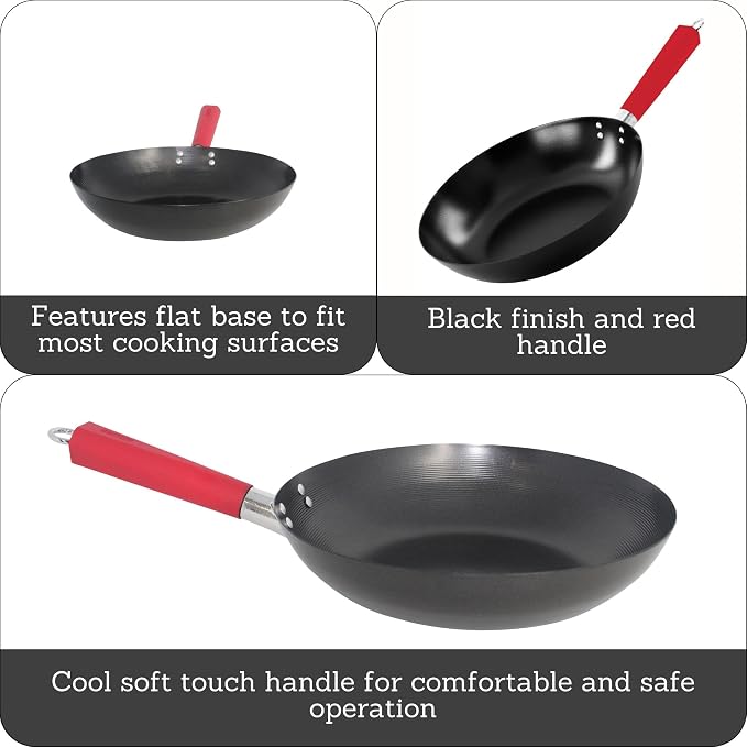 IMUSA USA Inch, Red PAN-10046 12" Nonstick Carbon Steel Wok, Handle | Hanging Ring, Ideal for Stir-Frying, Great for Cooking a Variety of Dishes
