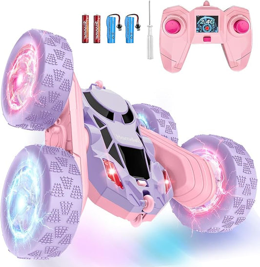 Remote Control Car, Double Sided 360°Rotating 4WD RC Cars with Headlights 2.4GHz Electric Race Stunt Toy Car Rechargeable Toy Cars for Boys Girls Birthday (Pink and Purple)