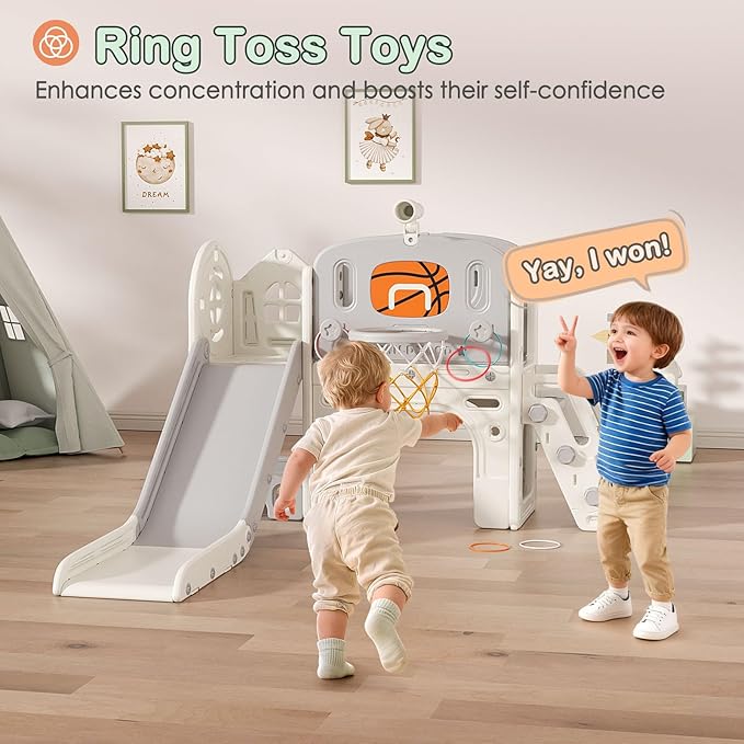 BIERUM 9 in 1 Toddler Slide Set - Baby Slide for Toddlers 1-3 with Ring Toss and Basketball Hoop, Indoor Outdoor Toddler Playset Playground Beige Gray
