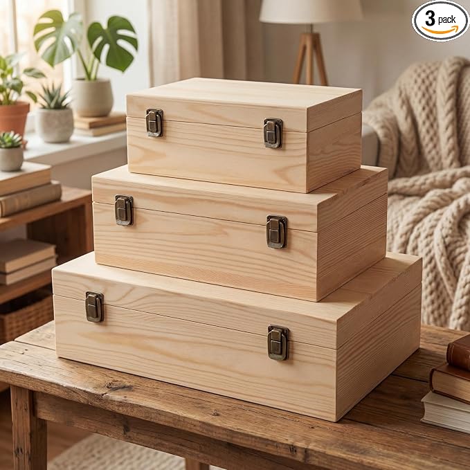 Sliner 3 Pcs Wooden Decorative Storage Boxes with Lids Vintage Wood Organizer Bins for Your Bookshelf Home Decor Safely Store Photos Documents Memory Jewelry Craft Storage (Natural Wood,S M L Size)