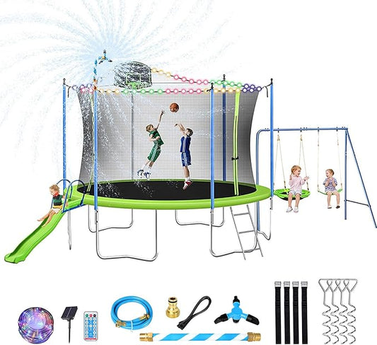 Lyromix 12FT 14FT Trampoline with Slide and Swings, ASTM Approved Outdoor Trampoline with Basketball Hoop and Ladder, Capacity for 5-7 Kids and Adults
