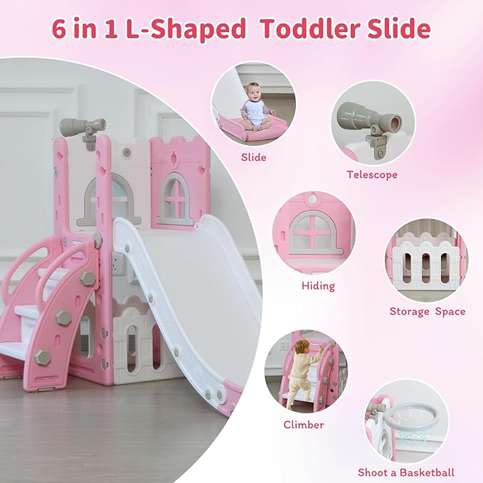 Toddler Slide for Kids with Climber Basketball Hoop, Storage Space, Telescope Kids Indoor Slide Baby Slide for Outdoor Play Upgraded Toddler Indoor Playground with Wider and Longer Slideway Upgraded