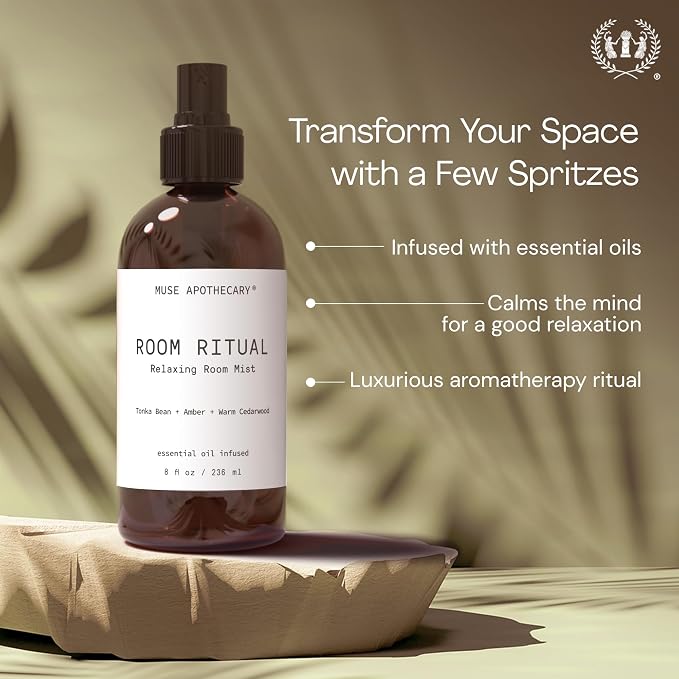 Muse Apothecary Room Ritual - Aromatic and Relaxing Room Mist, Infused with Natural Essential Oils - 4oz, Bergamot + French Lavender + Sandalwood