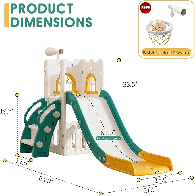 Toddler Slide for Kids with Climber Basketball Hoop, Storage Space, Telescope Kids Indoor Slide Baby Slide for Outdoor Play Upgraded Toddler Indoor Playground with Wider and Longer Slideway Upgraded