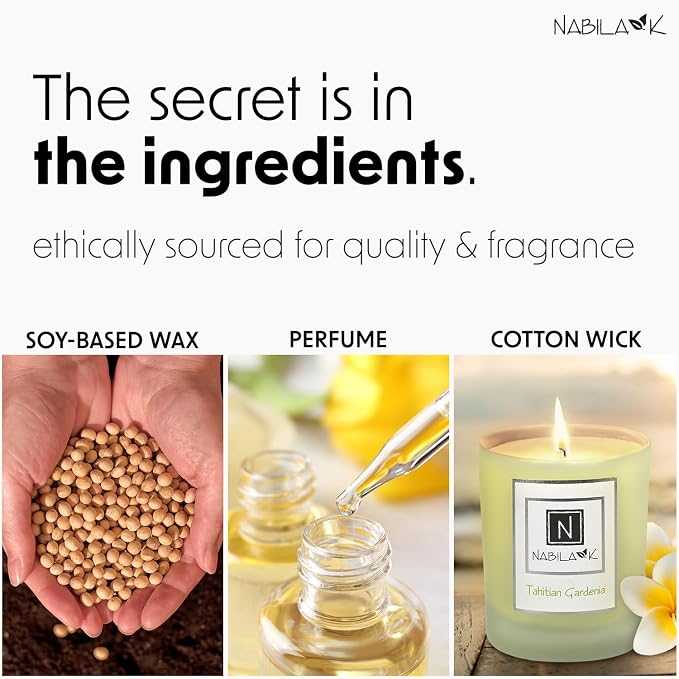 Nabila K - Tahitian Gardenia - Soy-Based Candle - Lemon, Cinnamon, Jasmine, Sweet Muguet & Spicy Coriander - Hand-Poured - Cotton Wick - Aromatherapy Candle w/Essential Oils - Made in USA - 3 oz