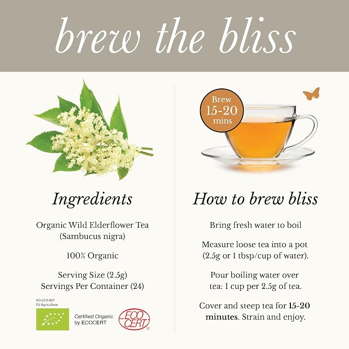 Wild Bliss Organic Elderflower Tea – Immune and Respiratory Support - Caffeine Free Loose Leaf Elder Flowers - 2.11 Ounces - 24 Servings