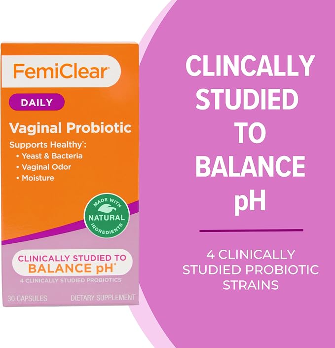 FemiClear Vaginal Probiotics, Delayed-Release Supplement, 30-Day Supply | Daily Women's Probiotic Supplements, Supports Vaginal pH Balance, Healthy Yeast & Moisture, Natural & Organic Ingredients