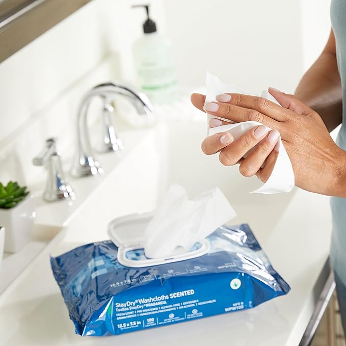 McKesson Staydry Disposable Washcloths with Aloe, Pre-moistened, 8 X 12", Soft Pack