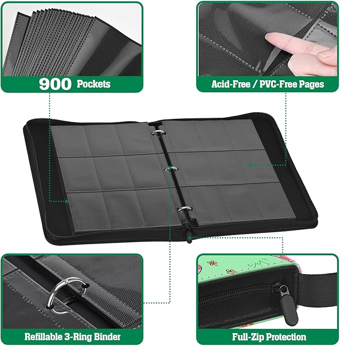 Cute Frog & Mushroom 9-Pocket Trading Card Binder Album, 900 Card Zipper Binder with 50 Removable Sleeves, Refillable 3-Ring Card Book for MTG, TCG and Sports Cards, Fits 2.5" x 3.5" Cards