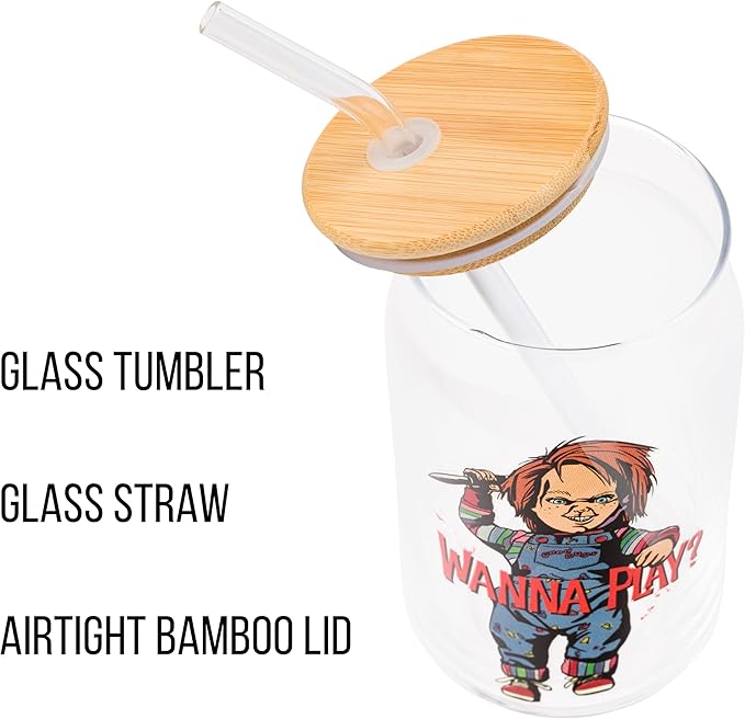 Silver Buffalo Chucky "Wanna Play" Scary Glass Jar Tumbler with Bamboo Lid and Glass Straw, 16 Ounces