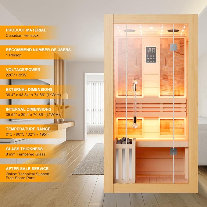 Smartmak Wood Home Steam Sauna, WiFi Control 1 Person Canadian Hemlock Traditional Luxurious Wooden Indoor Spa Room, with 3.5 kw Heater, Speaker, Rocks, Water Bucket, Spoon, Sky Lights