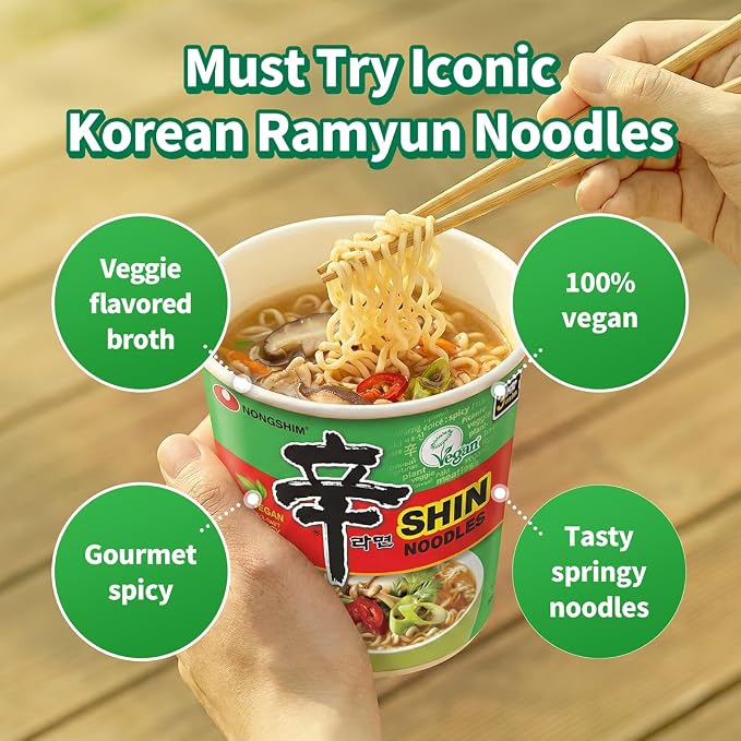 Nongshim Shin Ramyun Vegan Noodles Cup, Spicy Vegan Korean Instant Ramyun, Bold Veggie Flavored Broth, Microwaveable, Quick & Easy, Pantry Essential, 2.64 oz (Pack of 6)