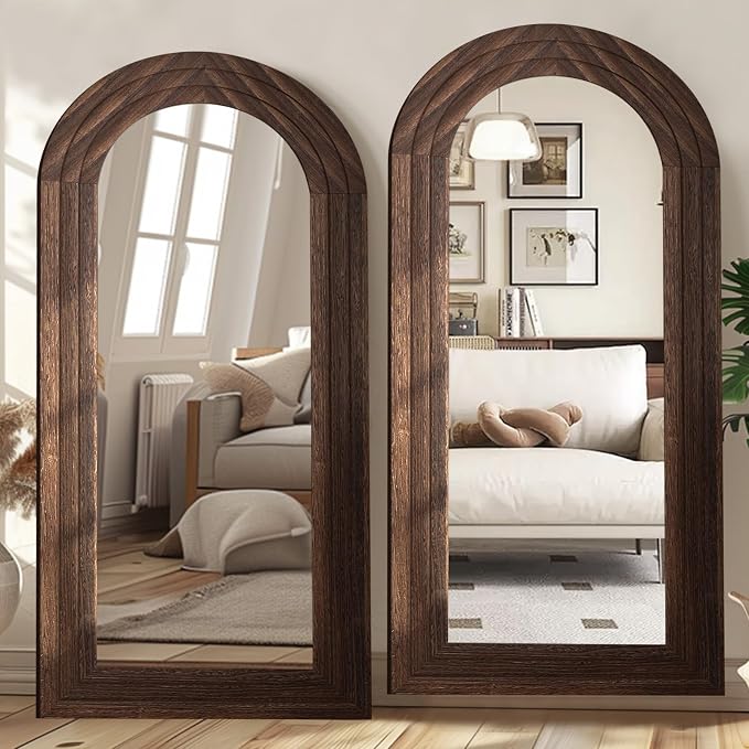 ZHUNFA Arched Full Length Mirror with Solid Wood Frame | 71x32 Farmhouse Wall Mounted Floor Mirror with Stand, Vertical Hanging, Leaning Standing for Bedroom, Living Room, Brown
