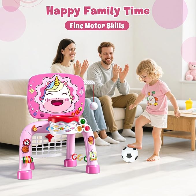 Toddler Basketball Hoop Tball Set & Soccer Goal - Unicorn Sport Toys for 1 Year Old Girl with Learning Activities (Abacus/Alphabet/Animals Sounds) Christmas Birthday Gifts for Baby Girl Age 1 2 3