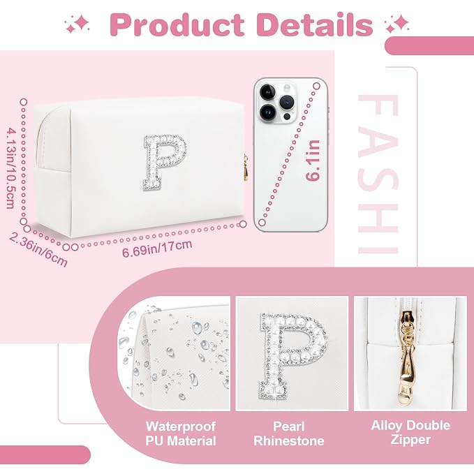 Bride Gifts – Personalized Initial Makeup Bag with Pearl Rhinestone Patch, Preppy White Monogram Cosmetic/Toiletry Pouch, bridesmaid Gifts, Bridal Shower Gifts, Wedding Gifts, Bridal Gifts,P