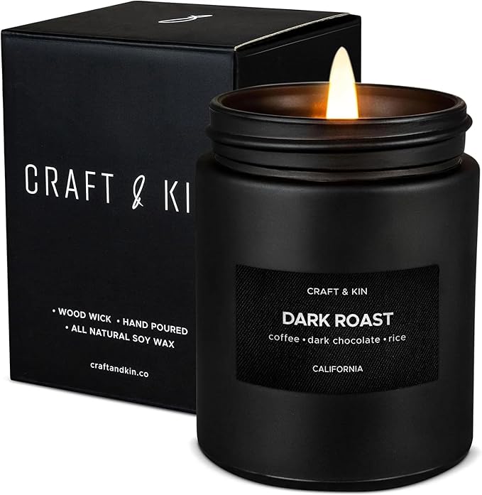 Craft & Kin Premium Dark Roast Coffee Scented Candle – Long Lasting, 45 Hour Burn Time – Luxury Black Natural Soy Scented Candle for Men with Wood Wick – Room Decor and Aromatherapy – 7.6 oz