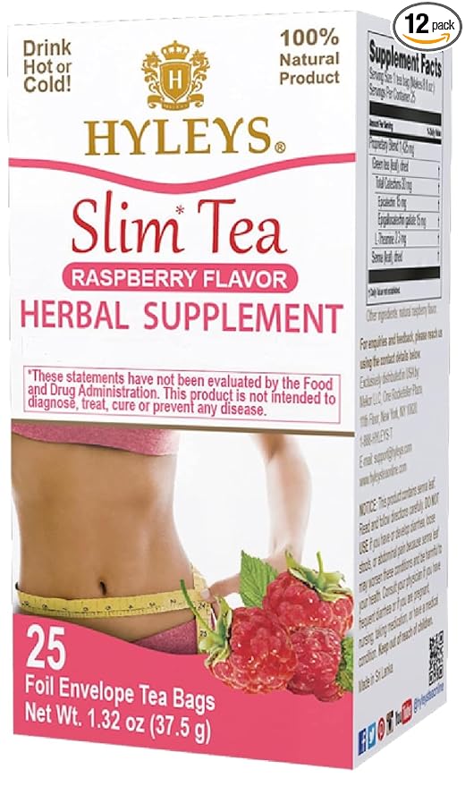 Hyleys Slim Tea Raspberry Flavor - Weight Loss Herbal Supplement Cleanse and Detox - 25 Tea Bags (12 Pack)