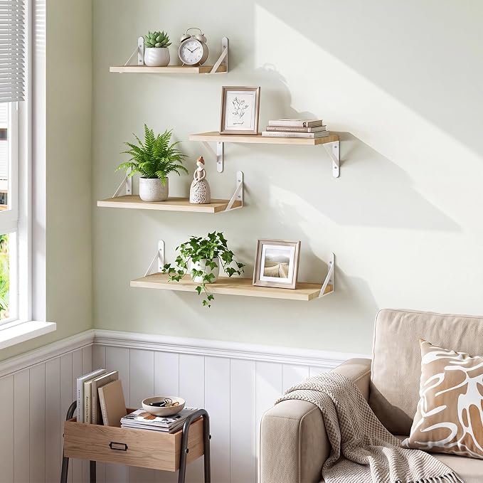 YGEOMER Floating Shelves for Wall, Different Sizes Natural Wood Wall Shelves for Living Room, Bathroom, Bedroom, Kitchen, Home Decor (Set of 4)