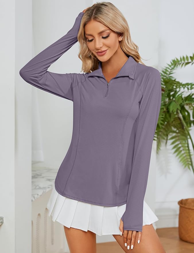 LOMON Women Long Sleeve Shirts Sun Protection 1/4 Zip Summer Quick Dry Hiking Shirts Quarter Zip Pullover for Women