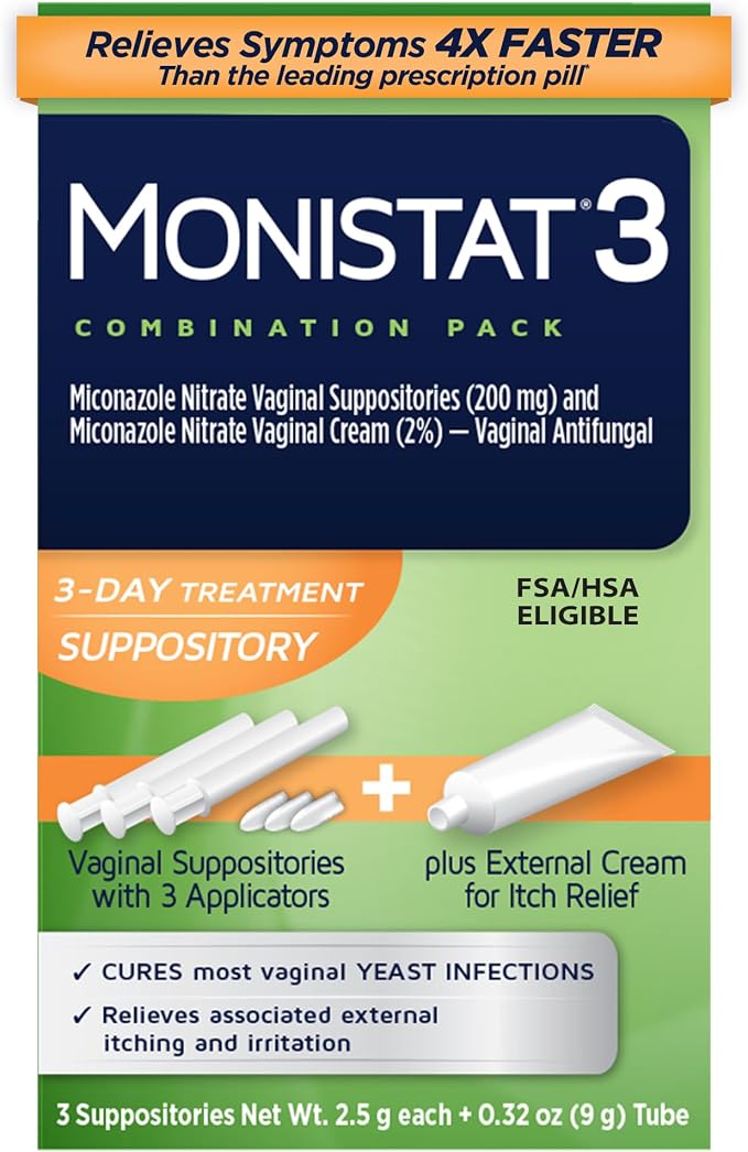 Monistat 3-Day Yeast Infection Treatment for Women, 3 Miconazole Vaginal Suppositories & External Itch Relief Cream (9g Tube) Combo Pack