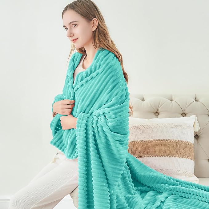 BEDELITE 3D Ribbed Jacquard Aqua Fleece Twin Blanket for Bed, 60x80 Inch | Soft Warm Decorative Fluffy Blanket, Cozy Plush Lightweight Fuzzy Throw Blanket for Couch Sofa Room Decor, Gift for Women