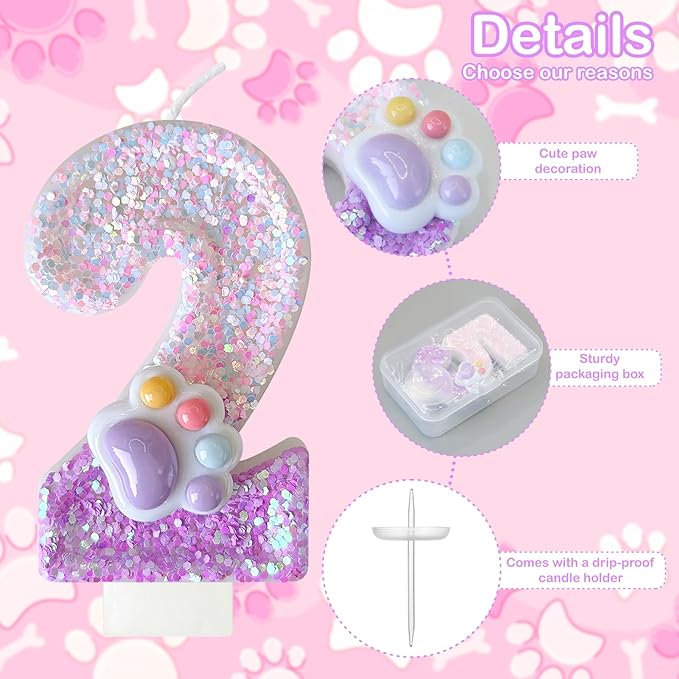 Pink Cat and Dog Paw Birthday Number Candles, Cupcake Decorations, Dog Theme Candles, Suitable for Party Celebrations, Birthday Decoration Supplies (Number 2)