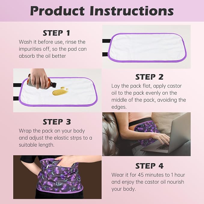 2 Pack Organic Cotton Castor Oil Wrap for Liver Detox, Reusable Compress, Highly Absorbent, Anti-Leak, Lavender