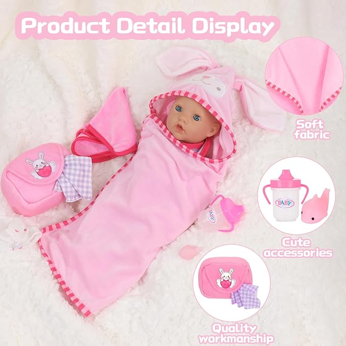 16-18" Baby Doll Accessories Set – 12-Piece Pink Rabbit Quilt & Care Kit Changing & Bathtime Playset for Baby Reborn Alive Dolls, Includes Doll Blanket, Diapers, Bottles (Dolls are Not Included