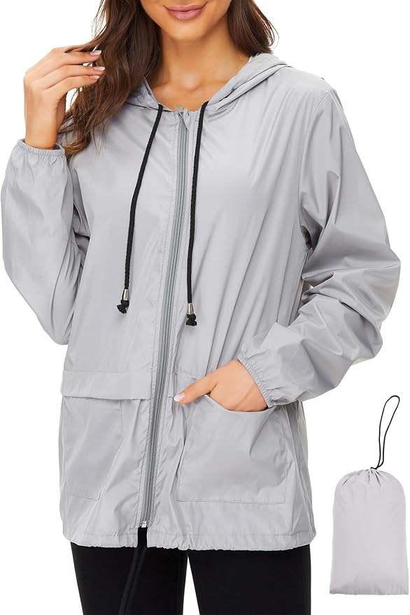 Zando Lightweight Rain Jacket Women Packable Waterproof Raincoat with Hood | Windbreaker Jacket Women, Light Raincoats for Drizzle, Rain Coats for Travel, Hiking and Commute