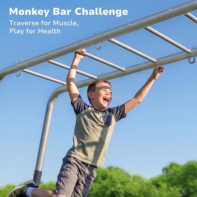 Hapfan Swing Sets for Backyard with Monkey Bars, 2 Belt Swings & Trapeze Bar- Heavy Duty Metal Outdoor Playground Sets for Kids, Backyard Playset (Dark Blue & Grey)