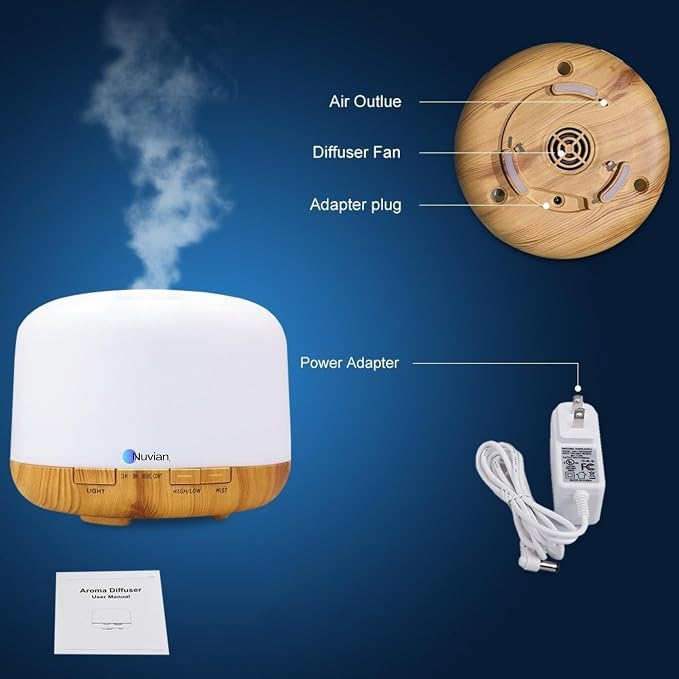 NUVIAN 500ml Essential Oil Diffuser, 5 in 1 Premium Ultrasonic Aromatherapy Fragrant Oil Vaporizer Humidifier with Remote Control, 3 Timer and Auto-Off Safety Switch, 7 LED Light Colors