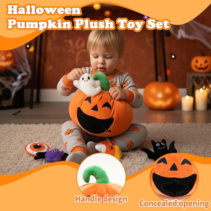 My First Halloween Baby Toys, Cuet Pumpkin Stuffed Animal Decor with Ghost Spider Bat Candy Corn Plush Toys and Small Mirror, Halloween Plush Gifts Basket Party Favors for Kids Babies Toddlers