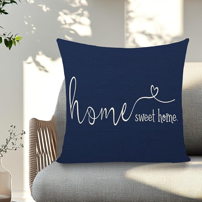 Home Sweet Home Quotes Farmhouse Pillow Covers 18x18 Inch,Farmhouse Decorative Lumbar Throw Pillow Case Cushion Cover,Housewarming Gift,Blue