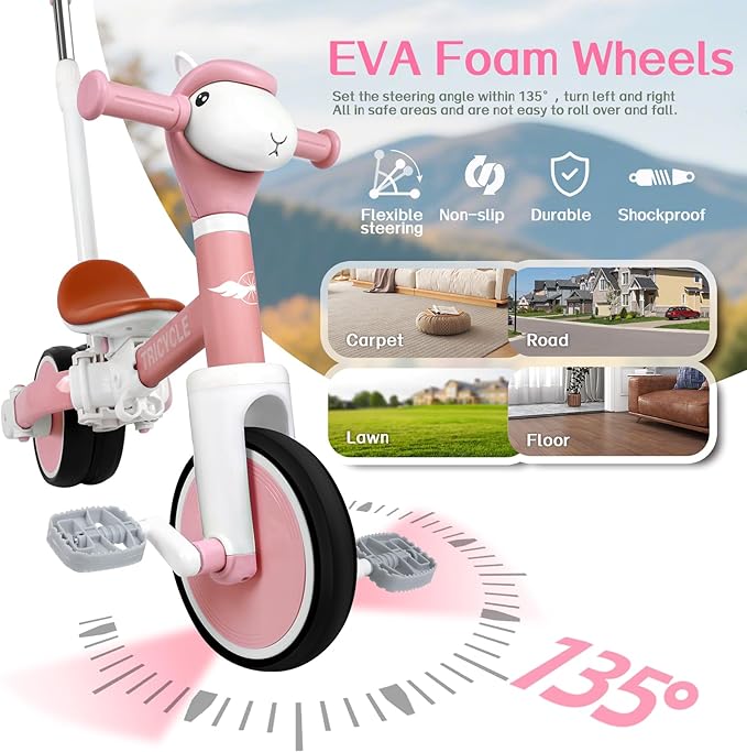 5-in-1 Toddler Tricycle with Lights & Music, Adjustable Push Kids Bike for 1-5 Year Olds, Toddler Balance Bike & Tricycle for Boys & Girls, Birthday Gift for 1 2 3 4 5 Year Old Kids (Pink)