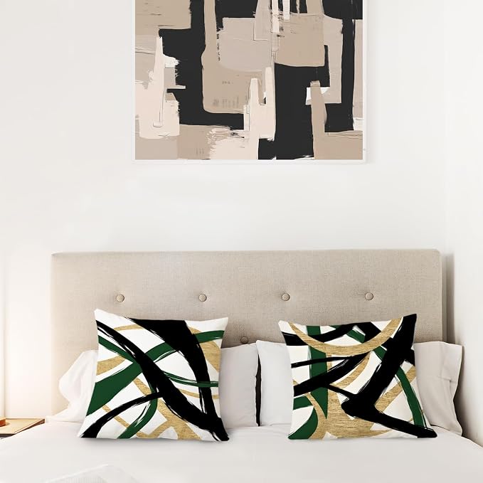 Black Gold and Green Pillow Covers, Abstract Black and Gold Pillow Covers 16x16 Set of 2, Modern Boho Decorative Throw Pillows Cover for Couch Bed Living Room