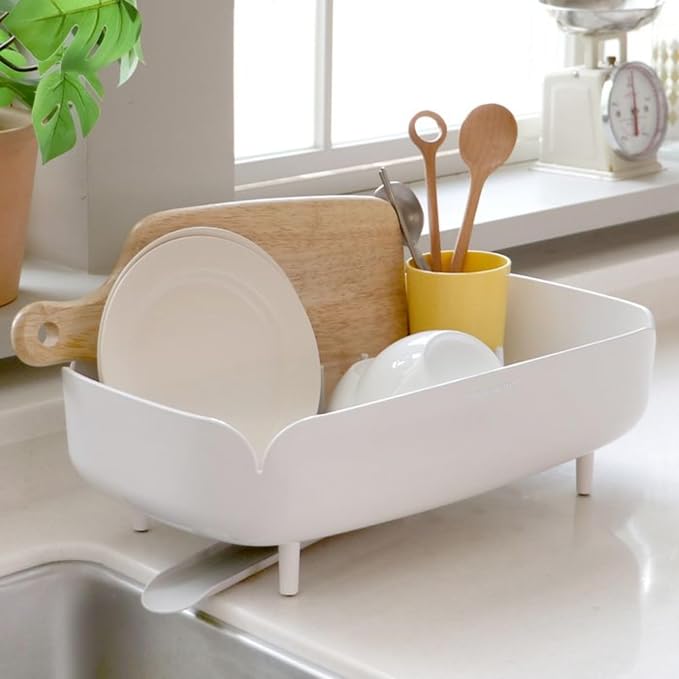 Small Dish Drying Rack for Kitchen Counter, Compact Dish Drainer with Drainage Spout & Spoon Holder, Space-Saving Drying Rack for Small Kitchens, Apartments & RVs, Made in Korea (Yellow)