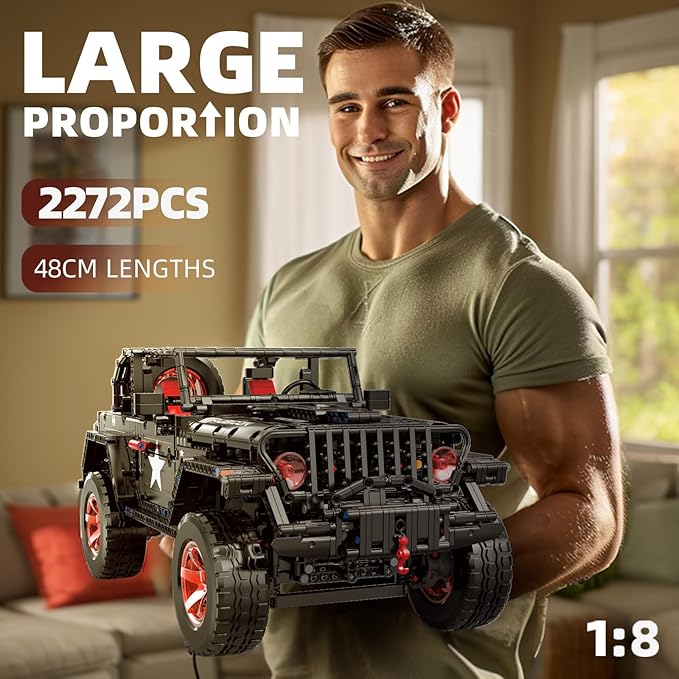 RC Off-Road SUV Wrangler Black Warrior Building Kits, 1/8 Scale Pickup Truck Car with Remote Control Lights, Challenge Building Blocks Gift for Technical Enthusiasts Adults & Teens Age 14+ (2272PCS)