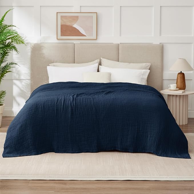 100% Cotton Muslin Blankets Twin XL 66" x 90", 6 Layers Breathable and Lightweight Twin Blanket for Bed, Soft Boho Coverlet Bedspread, Gauze Bedding for All Season, Navy