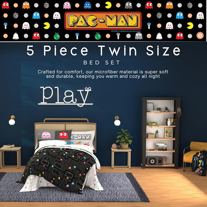 Pac-Man Gaming 5 Piece Super Soft Cozy Reversible Comforter and Sheet Set with Sham, Twin, (Officially Licensed Product) By Franco