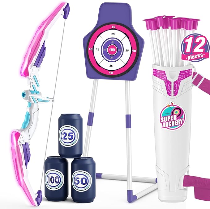 Bow and Arrow for Kids 4-6, LED Light Up Archery Set with 12 Suction Cup Arrows, 1 Standing Target, 3 Score Targets&1 Quiver, Indoor Outdoor Sport for Boys Girls Ages 8-12, Purple
