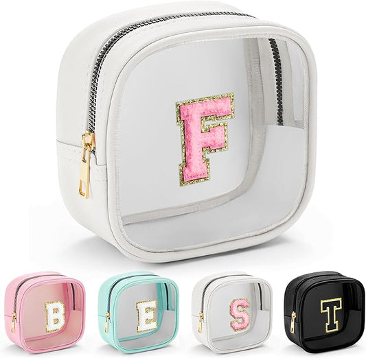 YOOLIFE Initial Make Up Bag Travel Toiletry Bag, Clear Makeup Bag Preppy Cosmetic Bags Organizer Travel Essentials Gifts for Women Teen Girlfriend Teacher Mom Birthday Mothers Day Gifts White F