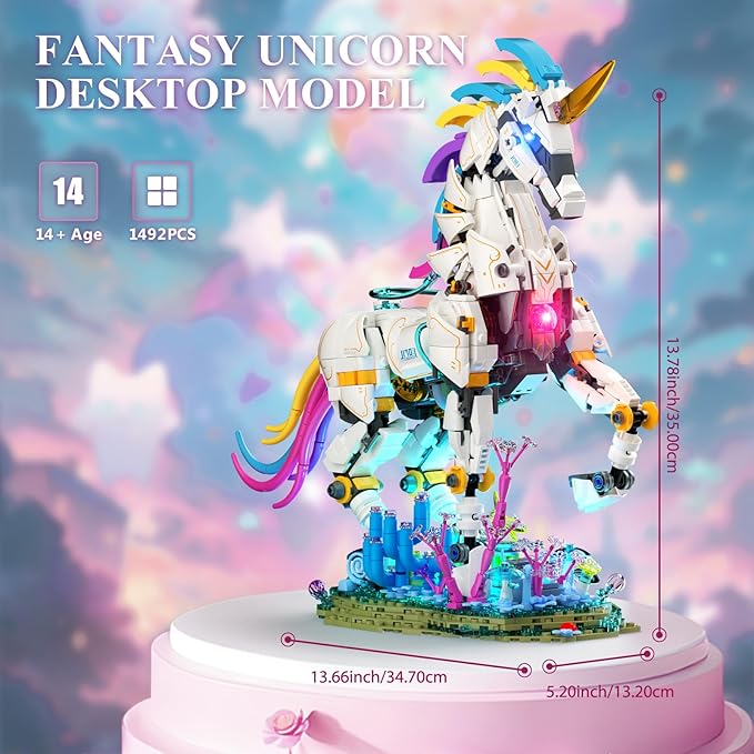 NUTCRACKER Unicorn Building Set for Adult - Cool Rainbow Unicorn Model with Light, Animal Horse Toy Building Set, Home Decor Easter Birthday Gift for Boy Girls 14+（1492 Pieces