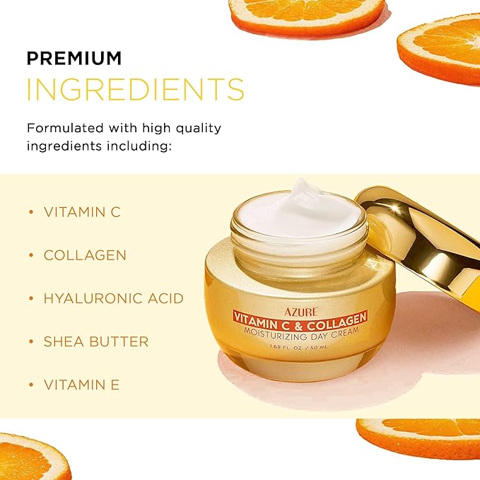 Azure Cosmetics Vitamin C & Collagen Face Moisturizer - Dermatologist Tested, Anti-Aging, Skin Tightening & Brightening, Clean, Cruelty-Free Face Cream - Korean Skin Care - All Skin Types - 2 Pack
