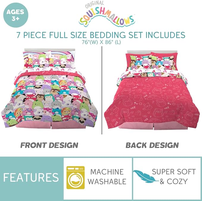 Franco Squishmallows Bedding Super Soft Comforter and Sheet Set with Sham, 7 Piece Full Size