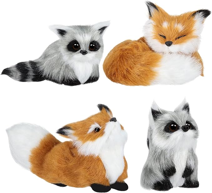 4 Pcs Simulation Fur Toy Christmas Decor Mini Fox Animal Model Stuffed Cute Furs Plush Raccoon Fox Squatting Sleeping Animals World with Static Action Figures for Home Office Desktop Decoration