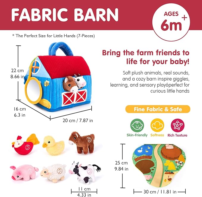 hahaland Baby Toys 6-12 Months - Surprise Barn with Stuffed Farm Animals with Real Sounds, Mirror- Montessori Toys for 6 Month Old Baby 1 Year Old Boy Girl Gifts Toddlers Sensory Toy