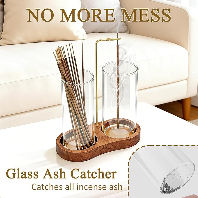 Ceremony Incense Holder, 2 in 1 Wooden Incense Holder for Sticks | Anti-ash Incense Burner with Glass Ash Catcher for Meditation Yoga Spa Room Decor